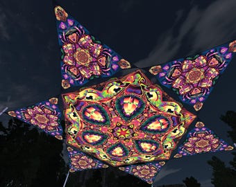 Ceiling Decoration Hexagon and 6 Triangles Psychedelic UV-Reactive Canopy Stretchable Print on Lycra Fungal Rift - 12