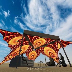 May include: A large, star-shaped canopy featuring a vibrant orange, red, and yellow fractal peacock feather pattern. The structure is supported by poles and includes the text Size:3XL printed at the bottom centre of the image.