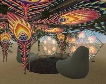 Conjunto de decoração para tenda "Aurora Bloom" - Tecido elástico psicodélico modular para eventos, festivais e espaços de convivência.