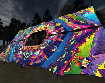 May include: A large, colorful, psychedelic patterned canopy tent with a blue, green, purple, and yellow color scheme. The tent is made of a lightweight fabric and is perfect for outdoor events.