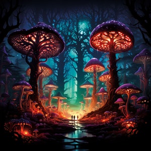 Magischer Pilz Wandbehang, Psychedelischer Hintergrund, Trippy Art, Schwarzlicht fluoreszierend UV Bunt, Party Dekor, Schlafzimmer Dekor, Kiffer Geschenk