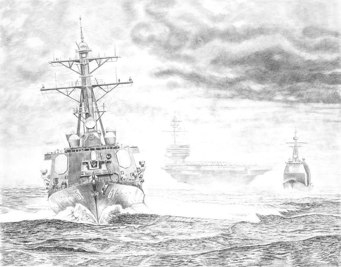 Haze Grey Us Navy Ship Art Navy Destroyer Navy Art Pencil Etsy