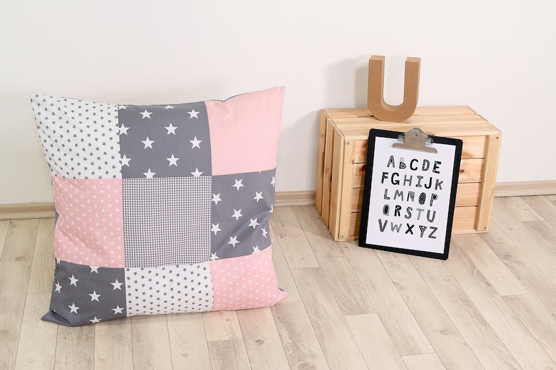 Girls PinkGrey StarPolka DotCheckered 26\u201d x 26\u201d Decorative Euro Sham Soft Cotton Nursery Throw Pillow Cover by ULLENBOOM