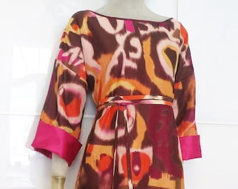 Kleid Ritsu in warmen Farben aus Baumwoll-Seidenstoff, fuchsia, orange, braun