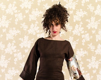 Yasuko dark brown linen dress with satin sleeves