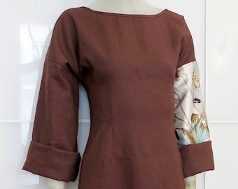 Tomoko copper-brown linen dress with satin sleeves