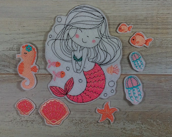 Application for sewing and ironing on Embroidery application Mermaid Coral Set Mermaid Coral Set
