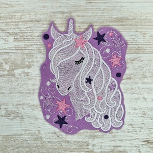 Tête de Licorne avec Étoiles Lilas | Tête de licorne avec étoiles lilas | applique de broderie | applique à coudre et à repasser