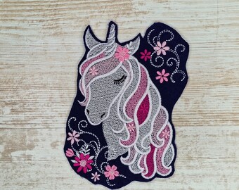 Fleur tête de licorne 2 | Licorne Fleurs 2 | Appliqué brodé | Applique pour la couture et le repassage