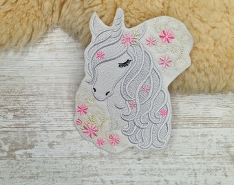 Unicorn head flower tendril gray | Unicorn Flower tendril gray | Embroidery applique | Sew-on and iron-on applique