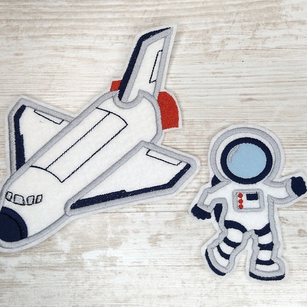 Space Shuttle & Astronaut Set blau rot| Stickapplikation | Applikation zum Aufnähen und Aufbügeln