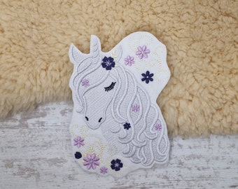 Unicorn head flower tendril gray purple | Unicorn Flower tendril gray | Embroidery applique | Sew-on and iron-on applique