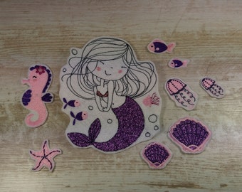 Meerjungfrau Lila Set | Mermaid Lila Set | Stickapplication | Applikation zum Aufnähen und Aufbügeln