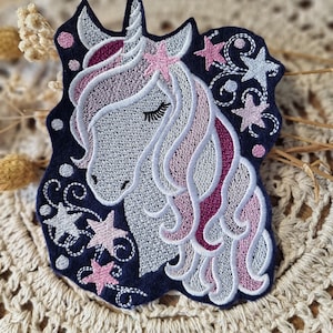 Einhornkopf  Patch | Applikation zum Aufnähen und Aufbügeln |  Weiß/ Blau / Rosa  | 17,5 x 13 cm