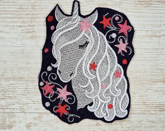 Licorne Tête Étoile 2 | Licorne étoile 2 | Appliqué brodé | Applique pour la couture et le repassage