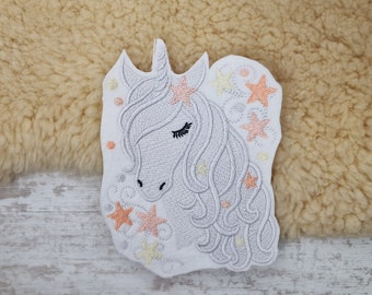 Unicorn head with stars grey/apricot | Unicorn head with stars gray/purple | Embroidery applique | Sew-on and iron-on applique