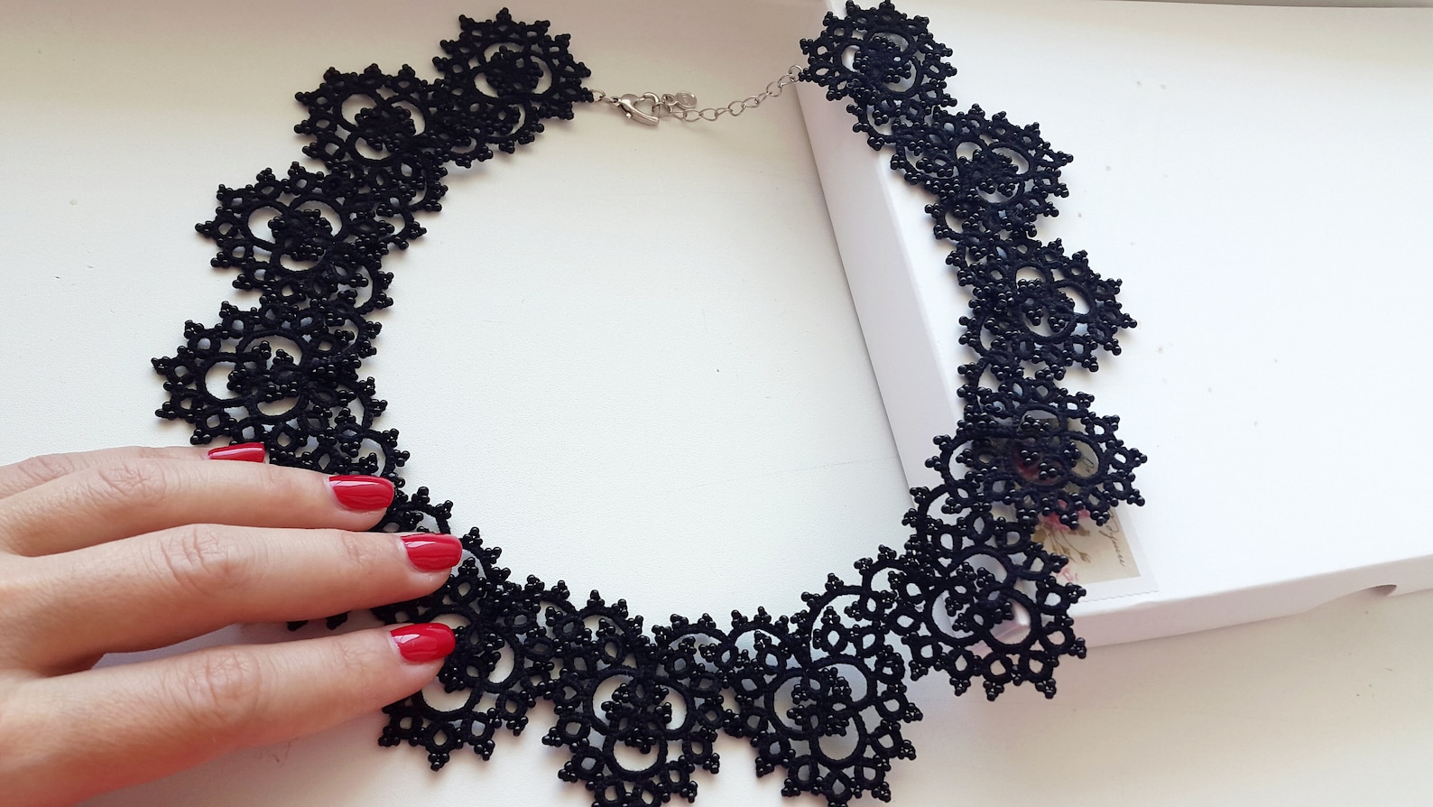 Black lace tatting collar with beads elegant tatted necklace Etsy