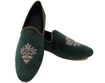Men Luxury Hand Embroidery Zardozi Velvet Slip On Tuxedo Shoes Casual HandMade Bullion Thread Loafers Made To Order Olive green Velvet Shoes