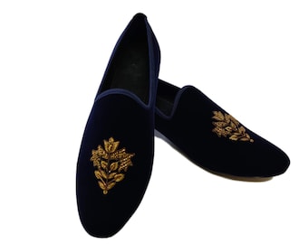 Handmade Zardozi Embroidered Velvet Loafers: Navy Blue Tuxedo Shoes