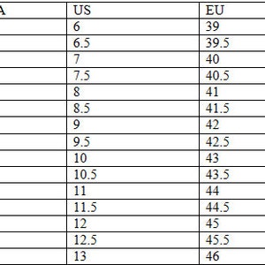 May include: A shoe size conversion chart showing UK/India, US, and EU sizes. The chart details shoe sizes, starting from UK/India size 5, US size 6, and EU size 39, up to UK/India 12, US 13, and EU 46.