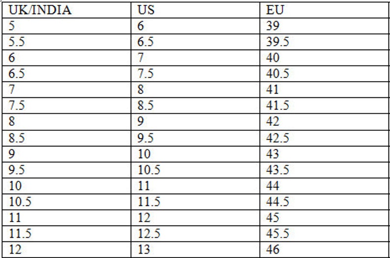 May include: A shoe size conversion chart showing UK/India, US, and EU sizes. The chart details shoe sizes, starting from UK/India size 5, US size 6, and EU size 39, up to UK/India 12, US 13, and EU 46.