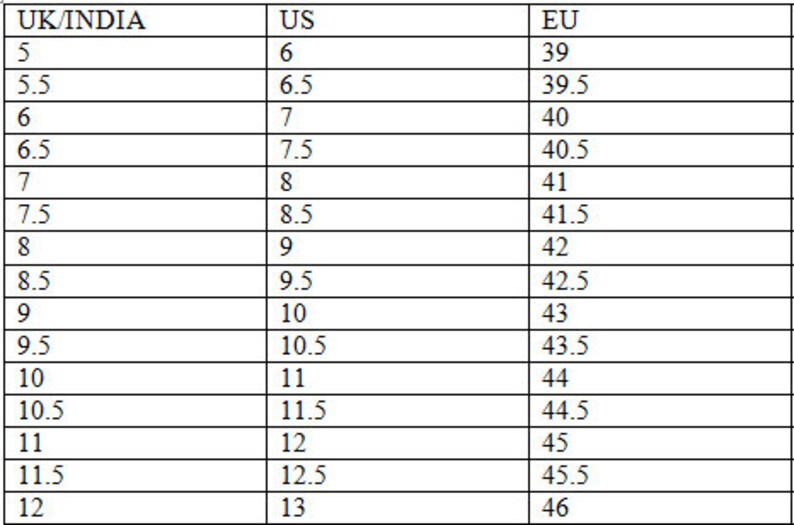 以下が含まれることがあります： イギリス/インド、米国、EU の靴のサイズ換算表。表には、イギリス/インドのサイズ 5 から 12、米国のサイズ 6 から 13、EU のサイズ 39 から 46 が記載されています。