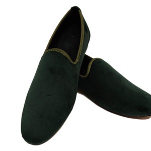 Mocasines casuales de terciopelo sin cordones color verde oliva, elegantes mocasines de vestir para hombre, hechos a mano, Oxford color verde oliva, terciopelo ahumado sin cordones