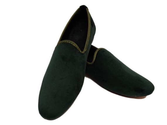Handmade Velvet Loafers, Olive Green Slip-On Dress Shoes