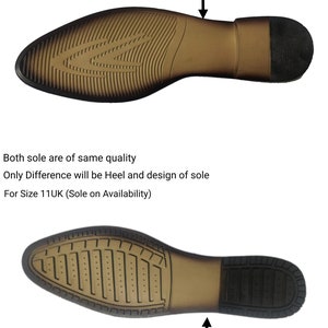 May include: Two close-up images of shoe soles. The top image shows a sole for sizes 5UK to 11UK. The bottom image shows a sole for sizes 11UK to 12UK. The text "Both sole are of same quality. Only Difference will be Heel and design of sole. For Size 11UK (Sole on Availability)" is visible below the top image.