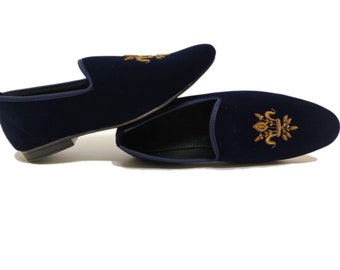 Men Luxury Hand Embroidery Zardozi Velvet Slip On Tuxedo Shoes Casual Hand Made Bullion Thread Loafers Made To Order Navy Blue Velvet Shoes