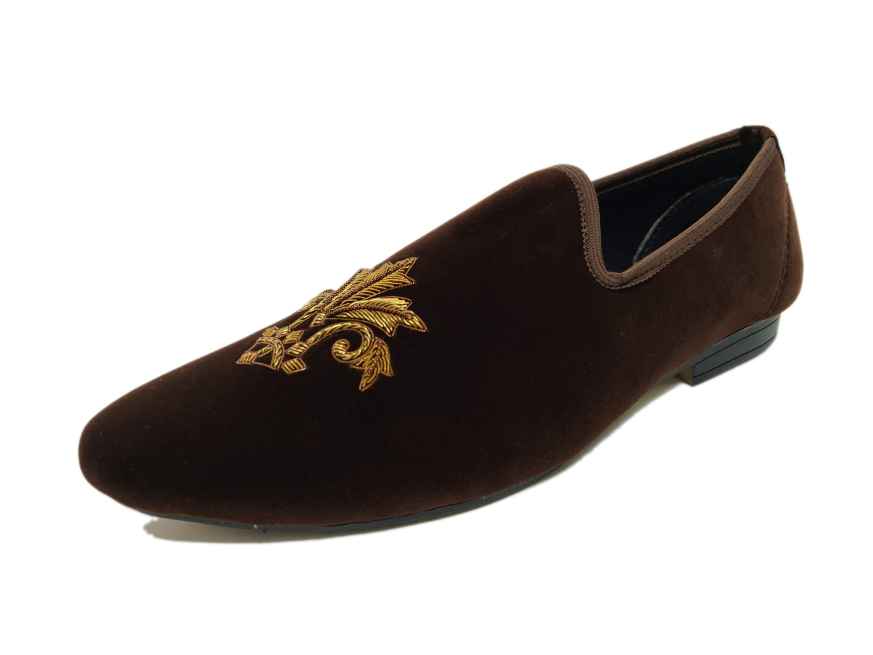 Handmade Zardozi Embroidered Velvet Loafers - Brown Tuxedo  display picture 2