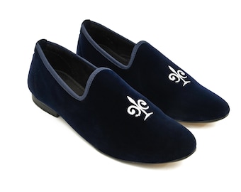 Velvet Slip On Royal Blue Casual Loafer Stylish Moccasins Dress Shoes For Men Wedding Blue Color Velvet Embroidered Handmade lip On  5002