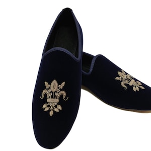 Hand Made Antique Silver Bullion Thread Embroidery Velvet Slip On Tuxedo Shoes Casual Loafers Antique Hand work Navy Blue Velvet Shoes7002