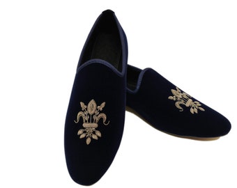 Hand Made Antique Silver Bullion Thread Embroidery Velvet Slip On Tuxedo Shoes Casual Loafers Antique Hand work Navy Blue Velvet Shoes7002