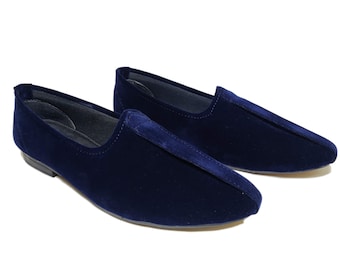 Mocassini in velluto blu navy fatti a mano - Eleganti mocassini slip-on