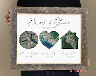 Anniversary Gift for Wife with Maps- Framed Map Locations, our love story, the best days, milestones mapped in frame, First Anniversary Gift