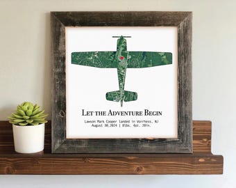 Let the Adventure Begin Sign for Baby Boy Room- Playroom Poster, Personalized Art for Airplane Room, Baby Boy Airplane Birthday Frame