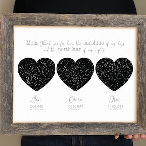 Dates de naissance encadrées des enfants avec des étoiles de la nuit de leur naissance - Cartes du cielPersonnalisé, cadeau de fête des mères pour maman, cadeaux de belle-maman