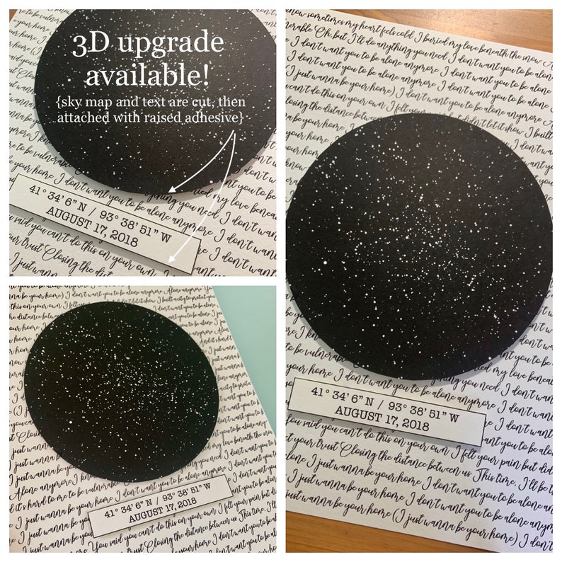 Op de afbeelding: Een zwarte, ronde sterrenkaart met witte sterren, die de co&ouml;rdinaten 41&deg; 34' 6" N / 93&deg; 38' 51" W en de datum 17 augustus 2018 laat zien. De tekst "3D upgrade available! (sky map and text are cut, then attached with raised adhesive)" staat boven de kaart.