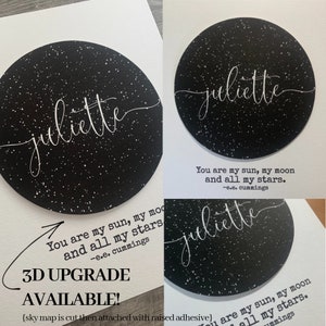 May include: A black circle with white stars and the name "juliette" written in cursive. The text "You are my sun, my moon and all my stars. -e.e. cummings" is written below the circle. The text "3D UPGRADE AVAILABLE! (sky map is cut then attached with raised adhesive)" is written below the text.