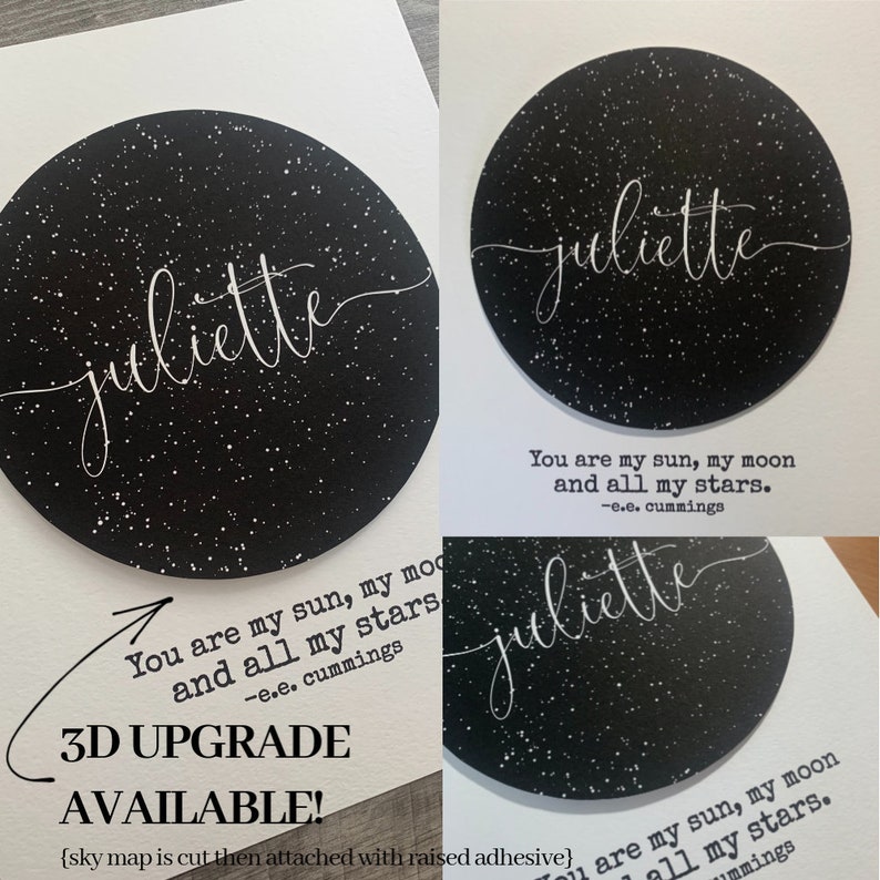 May include: A black circle with white stars and the name "juliette" written in cursive. The text "You are my sun, my moon and all my stars. -e.e. cummings" is written below the circle. The text "3D UPGRADE AVAILABLE! (sky map is cut then attached with raised adhesive)" is written below the text.