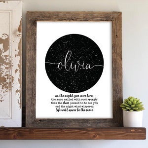May include: A black and white printable art print with a circle of stars and the name "olivia" written in cursive. The text below the circle reads "on the night you were born the moon smiled with such wonder that the stars peeked in to see you and the night wind whispered life will never be the same."