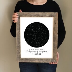 Op de afbeelding: Een zwart-witte sterrenkaartprint in een rustieke houten lijst. De print toont de nachtelijke hemel op 2 november 2017, op 38&deg; 40' 21" N / 87&deg; 14' 39" W. De tekst "the beginning of our forever" staat onder de kaart.