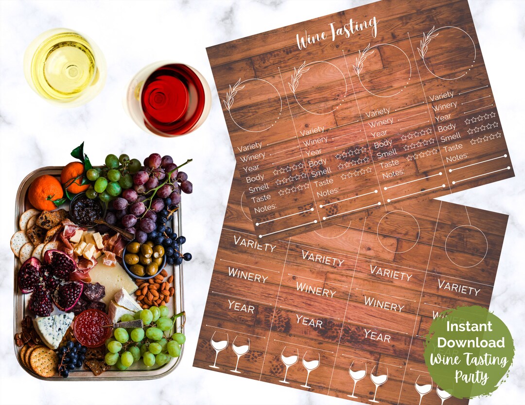 Wine Tasting Party Flight Placemats and Wine Bottle Tags, Medium Wood