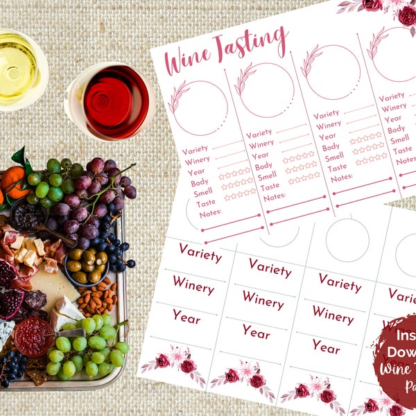 Wine Tasting Party Flight Placemats and Wine Bottle Tags, Maroon Rose Design