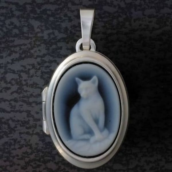 Valuable real gemstone gemstone in a modern photo medallion setting in 925 silver as a sitting cat pendant