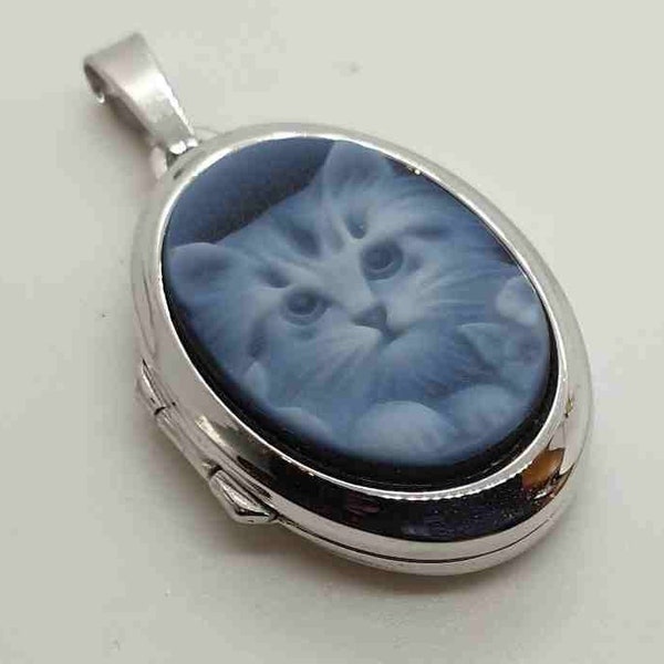 Valuable real gemstone Gem in modern photo medallion setting in 925 silver as pendant kitten