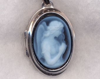 Guardian angel valuable real gemstone gem in modern photo medallion setting in 925 silver as a pendant