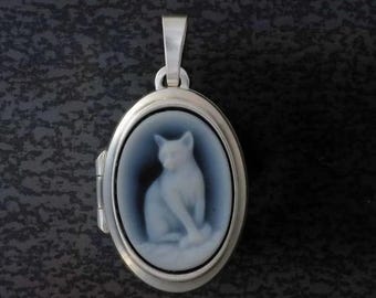 Valuable genuine gemstone gem in modern photo locket setting in 925 silver as pendant sitting cat