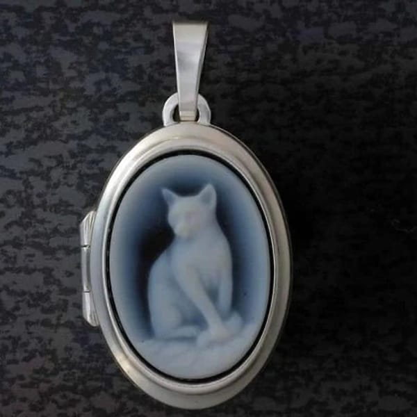 Valuable genuine gemstone cameo in a modern photo medallion setting in 925 silver as a pendant, seated cat